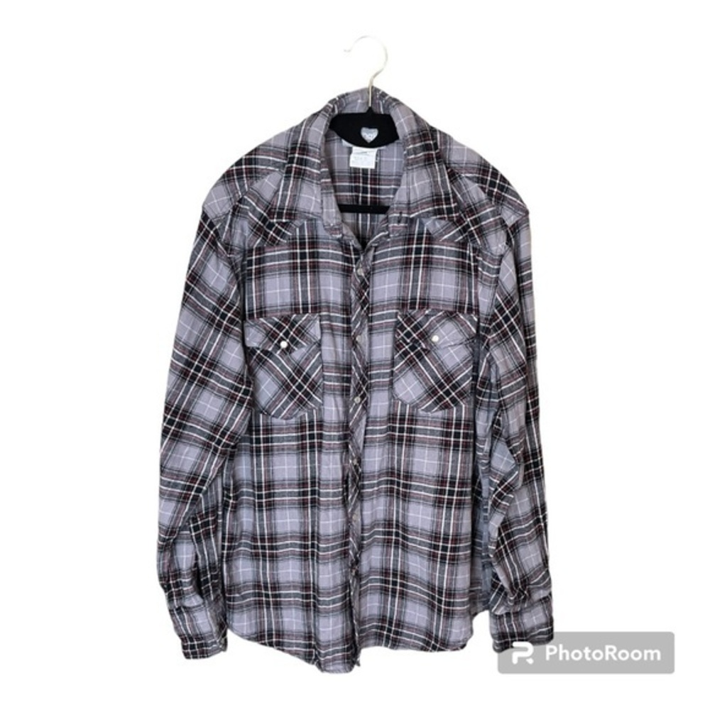Wrangler Wrancher Red Black Grey and White Plaid Flannel with Pearl Snaps Large